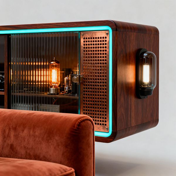 A close-up of a mid-century modern media room shows a floating walnut cabinet with rounded corners, a ribbed glass sliding door, and a perforated copper panel edged by a thin turquoise light. Inside, glowing vacuum tubes illuminate audio components. A side-mounted black capsule sconce with a clear glass cover echoes the warm amber glow. In the foreground, a rust velvet sofa curves softly against a pale wall, contrasting rich wood, textured glass, and cool neon accents.
