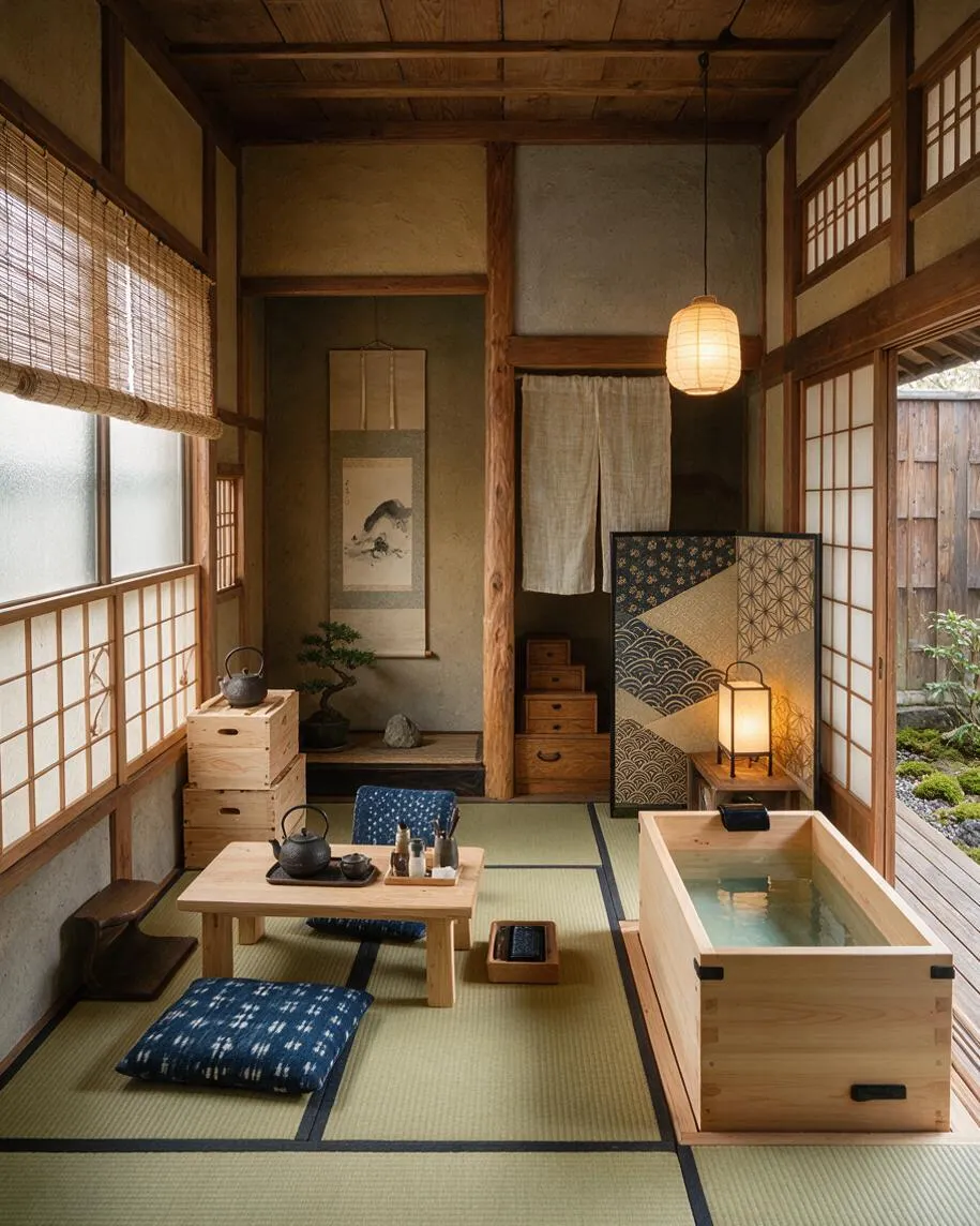 A Japanese Zen-style master bathroom with tatami mat flooring, shoji screens, and warm wood beams. The room includes a pale wooden soaking tub, low tea-style seating with cushions, paper lantern lighting, and a small alcove with a hanging scroll and greenery.