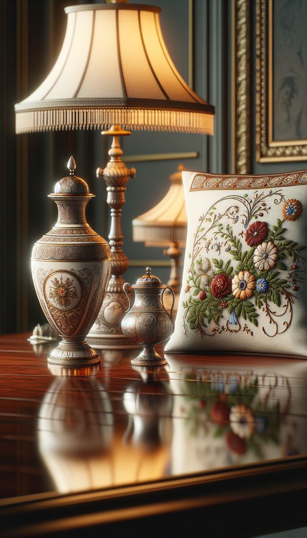 A collection of decorative art pieces including a hand-painted ceramic vase, an intricately embroidered cushion, and a metalwork lamp on a wooden table.
