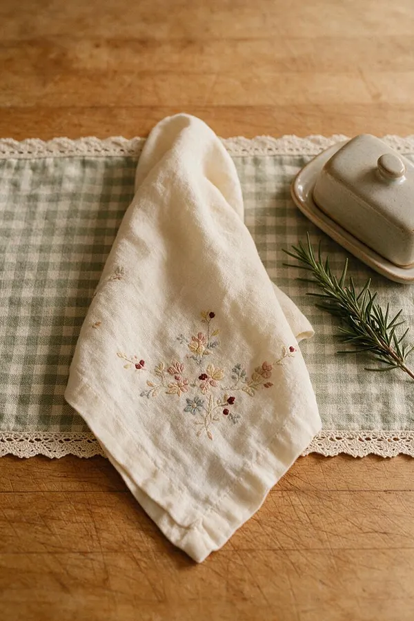 A cozy cottagecore tabletop scene with a cream embroidered linen napkin placed on a green gingham runner trimmed with lace. A small ceramic butter dish and a sprig of rosemary rest beside it on a warm wooden table.