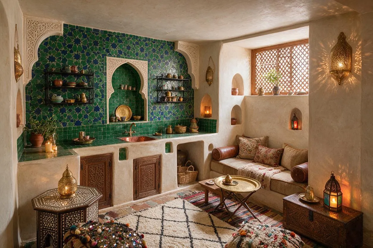A Moroccan-style basement combines a small kitchen nook and cozy lounge area. The space features green patterned tile, carved arch details, built-in alcoves, lantern lighting, a low cushioned bench, carved wooden tables, and layered rugs in cream, red, and multicolor tones.