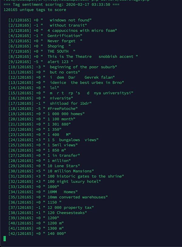 Heat map visualization of various locations with color-coded sentiment indicators on a city map interface.