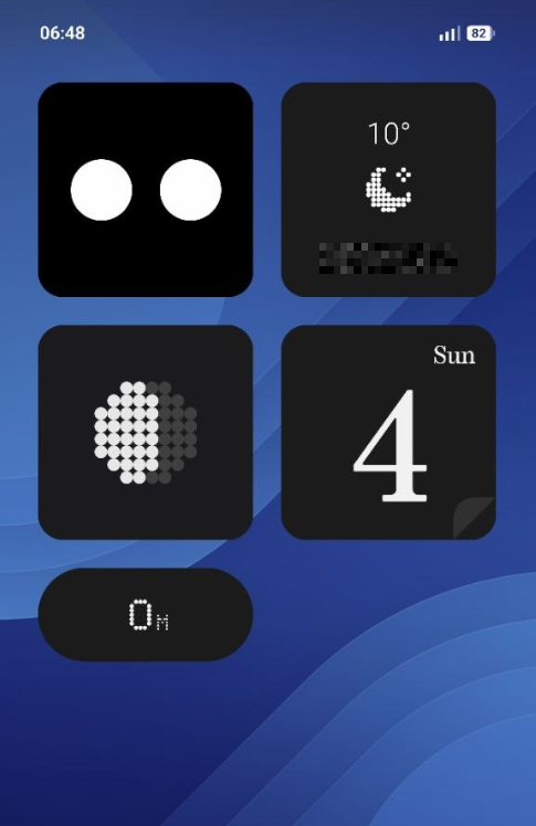 Smartphone screen displaying four black widgets with white digital dot-style icons and data on a blue background, showing time, temperature, moon phases, date, and a zero minute indicator.