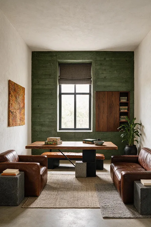 A compact game room with white plaster side walls and a dark green concrete accent wall centered on a tall window with a gray Roman shade. Brown leather sofas face a thick wood game table with concrete and black metal supports, while concrete side blocks, a wool rug, a built-in wood cabinet, and a potted plant add warmth.