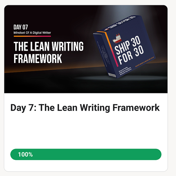 The image features a task completion interface for Day 7 of a writing program.