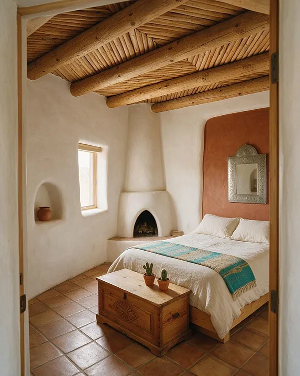 A Southwestern-style master bedroom with white plaster walls, exposed log beams, a terracotta accent wall, and a curved adobe fireplace. The room features a low wooden bed with white bedding, a turquoise woven throw, a carved wooden chest at the foot of the bed, and warm terracotta tile flooring.