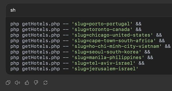 The image displays a code snippet for a PHP script related to hotel listings in various cities.