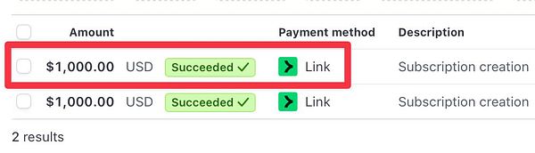 The image displays a transaction list showing two successful sponsorship payments of $1,000 each.