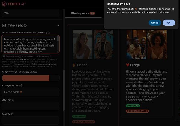 The image displays a user interface for a photo generation tool with a confirmation dialog regarding style settings.