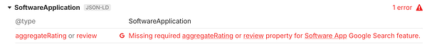 The image displays a JSON-LD error message related to Google rich results schema for a SoftwareApplication.