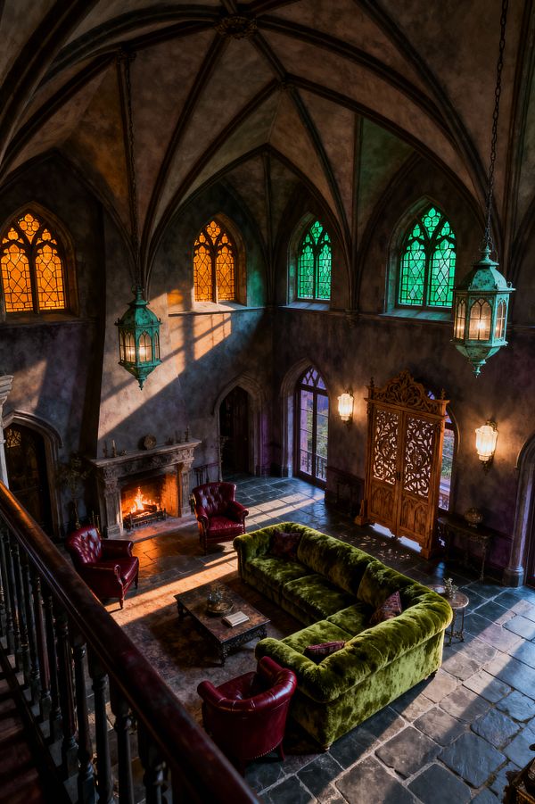 Grand Gothic living room with a ribbed-vaulted ceiling and tall pointed windows fitted with amber and green stained glass. Sunlight and firelight illuminate a moss-green velvet sectional, three oxblood leather club chairs, and a low iron coffee table on dark slate floors. A carved stone fireplace burns at left, large patinated metal lanterns hang from the ceiling, and a tall carved wood screen stands beside arched doors.