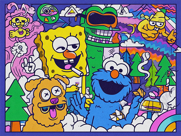 A vibrant, cartoon-style illustration featuring various iconic characters in a whimsical landscape.