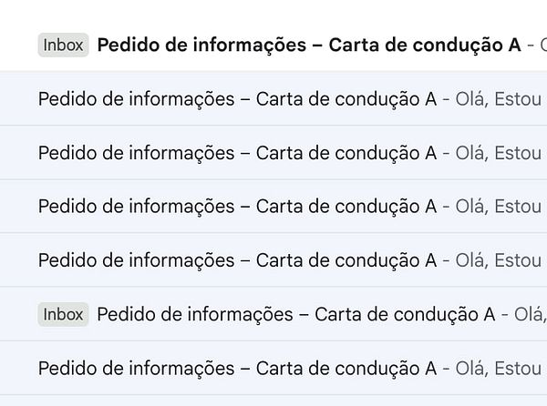 The image displays an email inbox with multiple messages regarding motorbike license inquiries.