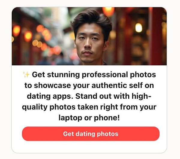 A man poses for a professional dating photo in a vibrant urban setting.