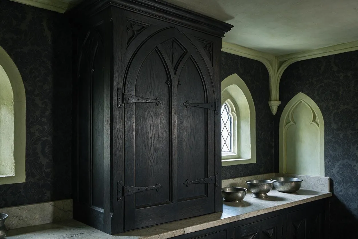 A Gothic-style kitchen vignette with a tall dark oak cabinet centered against patterned black wallpaper. Pointed-arch niches, a small leaded window, pale stone countertops, and several metal bowls create a moody medieval-inspired look.