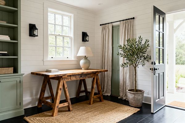 A farmhouse home office with white shiplap walls features a rustic reclaimed-wood trestle desk on a natural jute rug over dark-stained floors. At left is a sage green built-in bookcase with black hardware and lantern sconces; a divided-light window and open black door bring daylight, linen curtains frame a matching green interior door, a ceramic table lamp sits on the desk, and a potted olive tree in a concrete planter softens the corner.