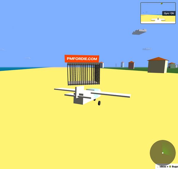 A 3D rendering of a beach scene featuring a small airplane and a prison structure.