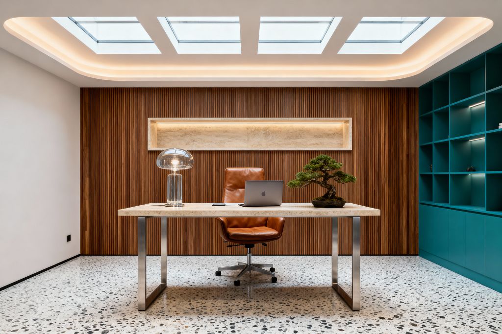 A modern home office features a travertine-top desk on brushed steel legs, paired with a cognac leather chair, centered before a vertical walnut slat wall with a backlit stone niche. Four rectangular skylights and an LED cove ceiling illuminate terrazzo floors, teal built-in shelving, a glass dome table lamp, a bonsai tree, and a laptop arranged neatly on the desk.