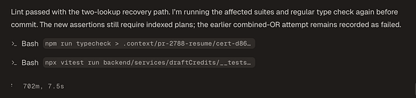 Terminal output showing successful linting and type checking progress with command snippets and elapsed time.
