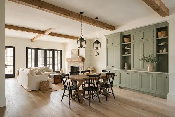 A bright farmhouse-style basement combines a seating area and dining space with exposed wood ceiling beams, wide-plank light wood floors, and a white shiplap fireplace. A large sage green built-in cabinet wall with open shelving anchors one side, while a rustic wooden dining table and black spindle chairs sit beneath two black lantern pendant lights.