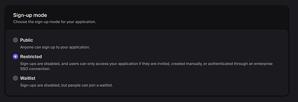 The image displays a user interface for selecting the sign-up mode for an application.