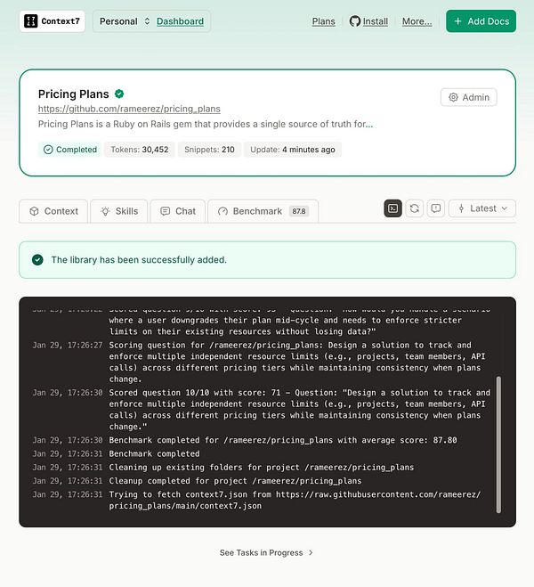A webpage displaying the pricing plans section of the Context7 documentation, including details about multiple pricing plans and call to action for signup.