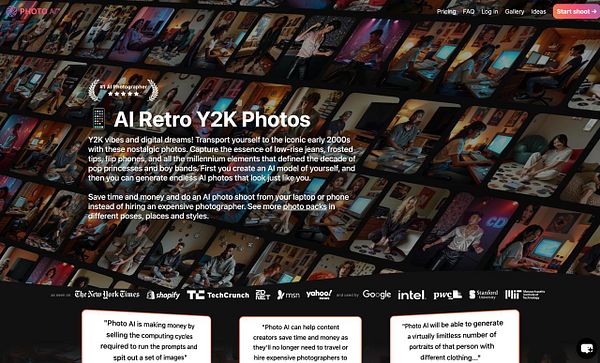 The image features a promotional webpage for AI-generated retro photo packs inspired by the 60s to early 2000s.
