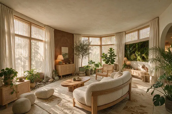 A warm, light-filled sunroom with floor-to-ceiling windows dressed in sheer curtains, natural wood furniture, and abundant potted plants. A moss wall, woven textures, stone decor, and a neutral curved sofa create a calm biophilic retreat.