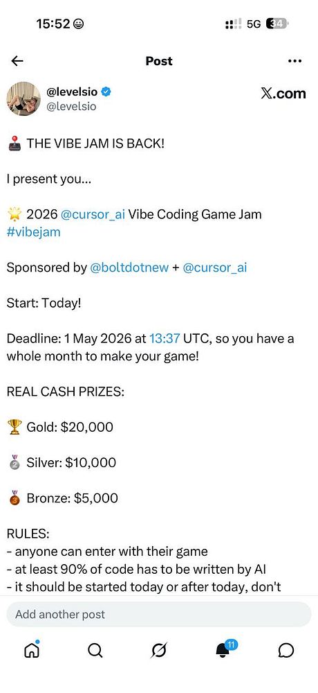 Poster for VibeJam 2026 with prize money and contest details.