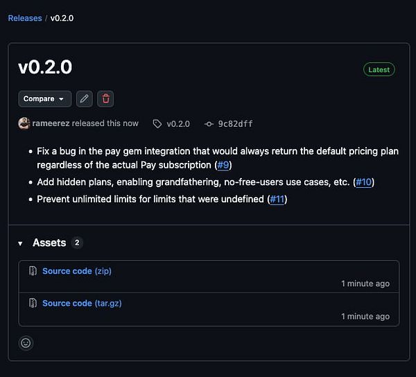 The image displays a GitHub release page for version 0.2.0 of a project.