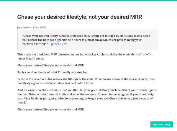 The image features a blog post discussing the importance of prioritizing lifestyle over monthly recurring revenue (MRR).
