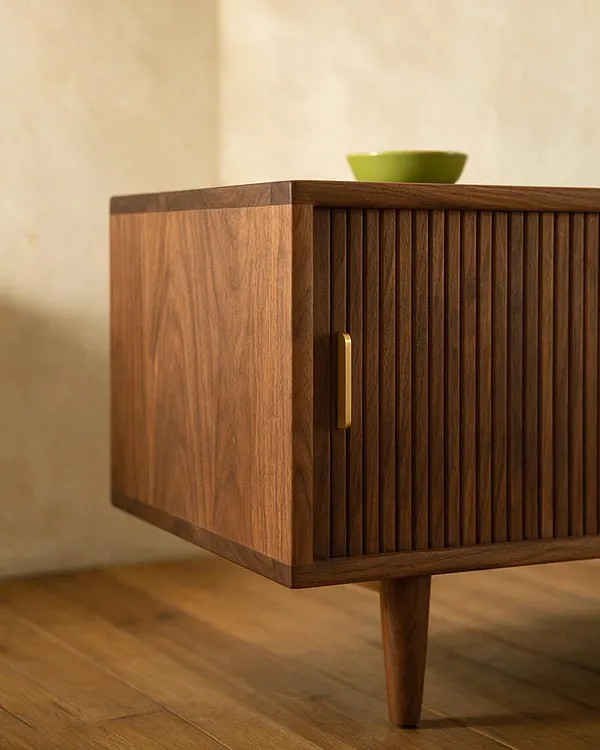 A close-up view of a mid-century modern walnut credenza with a fluted front panel, tapered wooden leg, and slim brass pull. The piece sits on a warm wood floor against a soft beige wall, with a small green bowl placed on top.