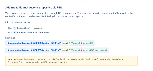 The image displays a guide on adding custom properties via URL parameters for a Link campaign setup page.