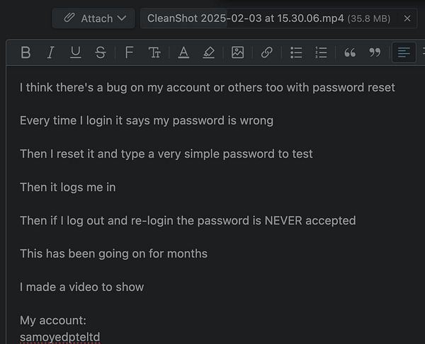 A user reports a bug related to password reset issues in a task description.