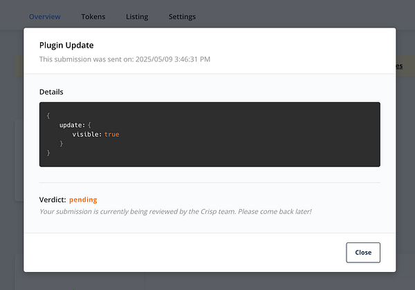 The image displays a plugin update interface showing a pending submission status.