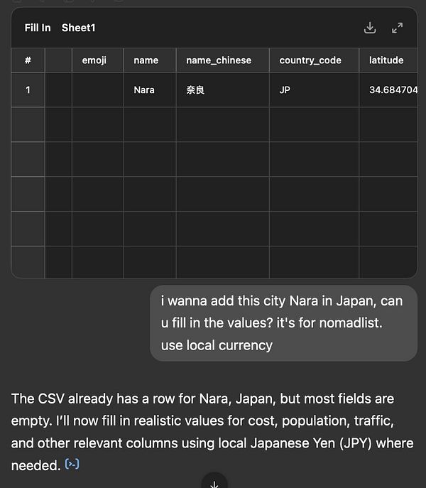 A screenshot of a spreadsheet interface with a request to add data for Nara, Japan.