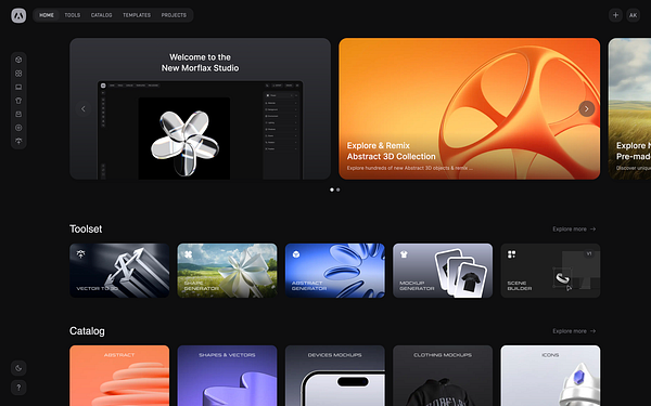 The image displays the interface of the Morflax Studio design tool, showcasing various design resources and tools.
