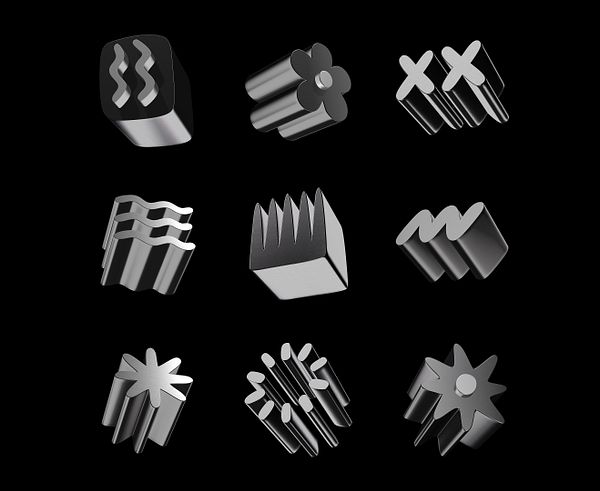 A collection of nine distinct 3D shapes displayed on a black background.