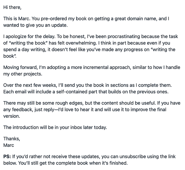 An email update from Marc regarding the status of his pre-ordered book on domain names.