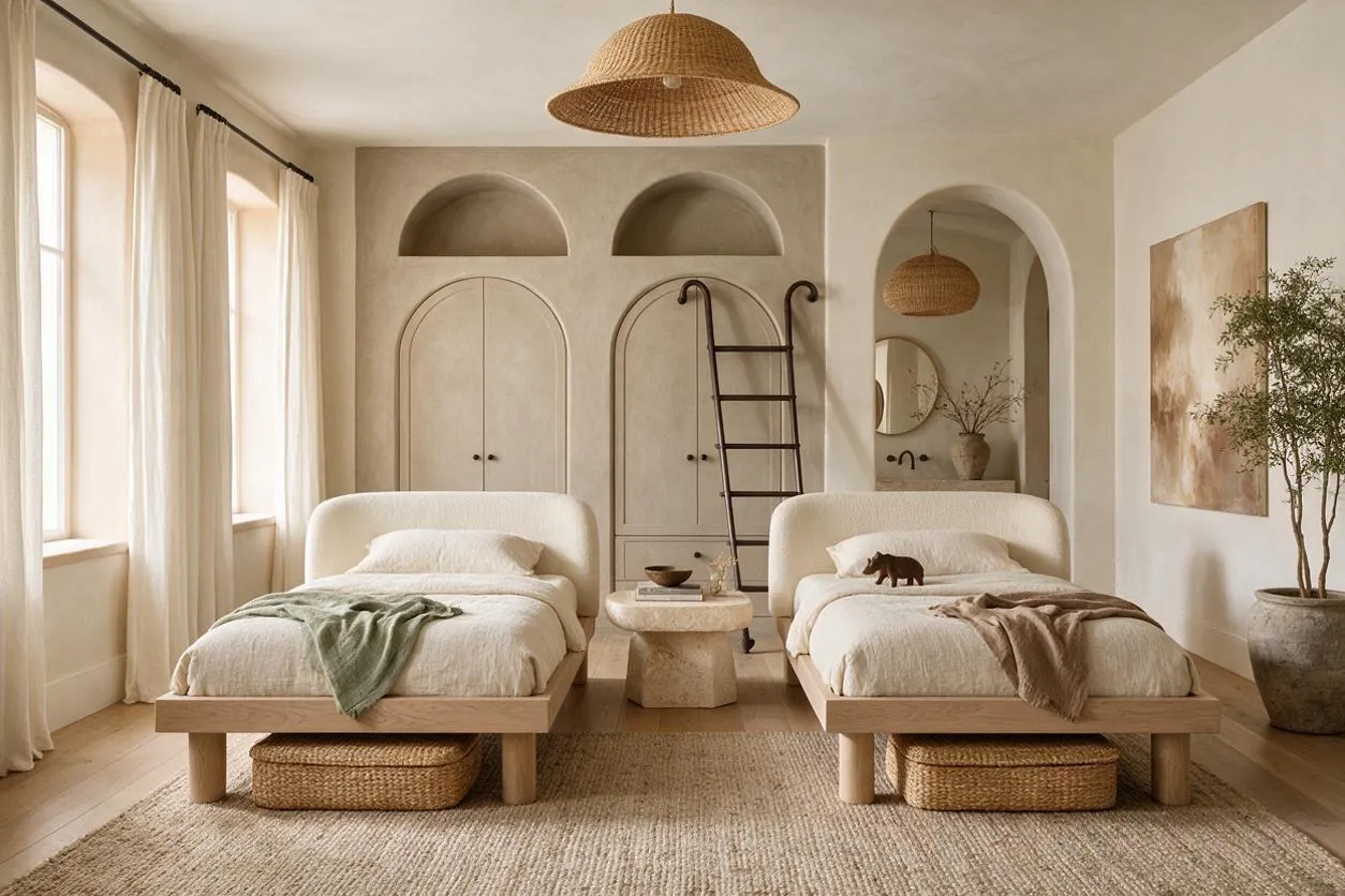 A calm kids' room features two low platform beds with rounded upholstered headboards, neutral bedding, and woven baskets tucked underneath. The room has arched built-in cabinetry, a central stone side table, cream curtains, a woven pendant light, and soft beige finishes throughout.