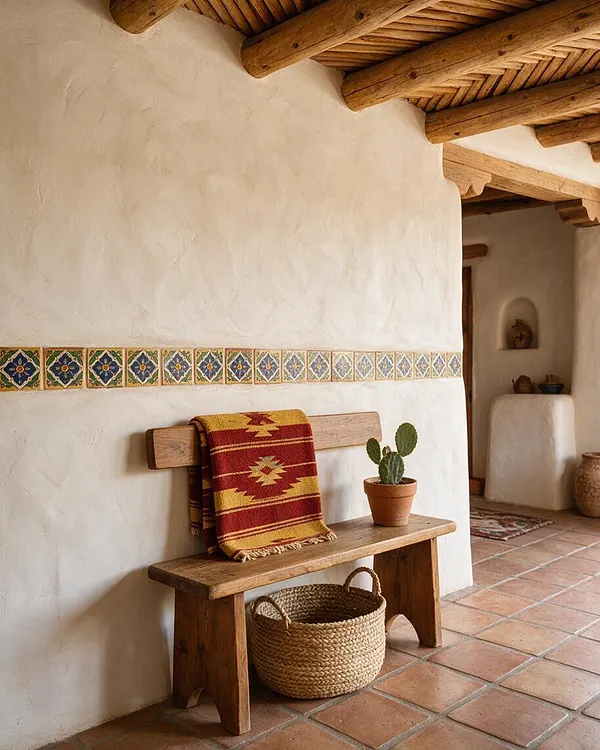 A Southwestern-style entryway with smooth white stucco walls, exposed rustic wood beams, and a decorative band of colorful patterned tile running horizontally along the wall. A simple wooden bench holds a folded red-and-gold woven blanket and a small potted cactus, with a woven basket tucked underneath on terracotta floor tiles.