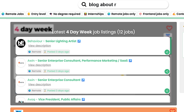 The image displays a job listing interface for a four-day work week, showcasing various job opportunities.