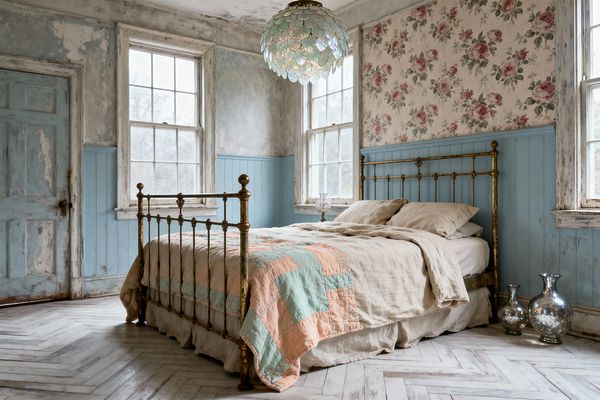 A shabby chic bedroom centers on an antique brass bed dressed in oatmeal linen and a peach and mint patchwork quilt. Powder blue beadboard and a wall of faded rose wallpaper sit beneath distressed plaster and weathered white window frames. Large sash windows brighten the space, a scalloped capiz shell pendant hangs overhead, mercury-glass accents rest near the bed, and a whitewashed herringbone wood floor completes the softly aged look.