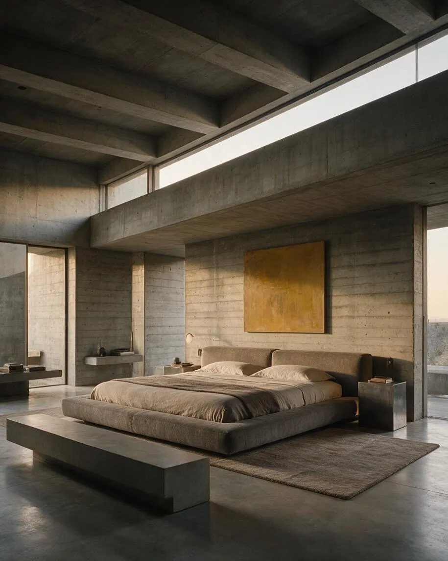 A spacious master bedroom with exposed concrete walls, ceiling beams, and floor-to-ceiling openings that bring in soft daylight. A low platform bed with neutral bedding sits on a muted rug, paired with concrete side tables and a long bench in the foreground, creating a stark yet serene Brutalist interior.