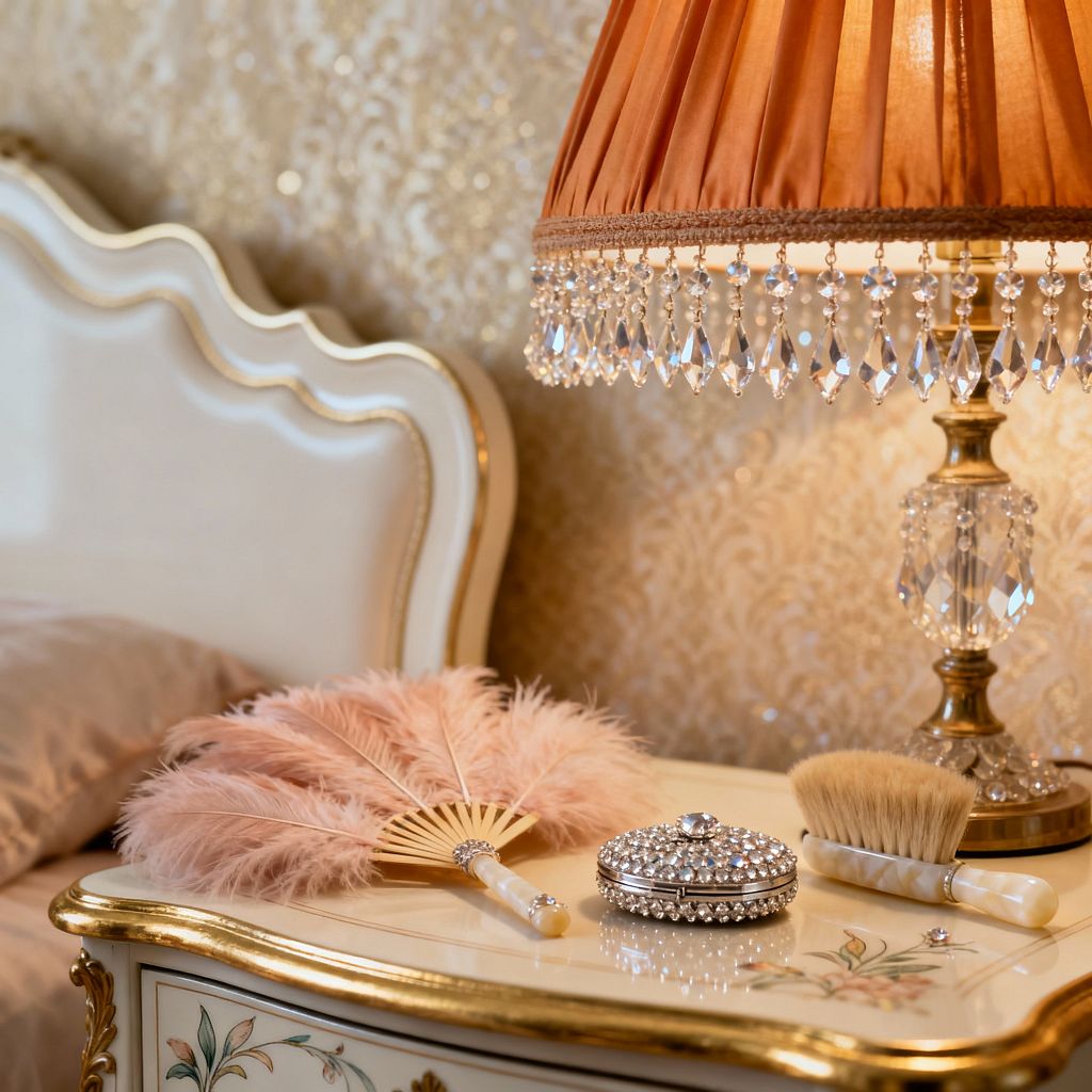 A vintage glam bedroom vignette shows an ivory upholstered headboard beside a hand-painted, gilded nightstand. A pleated amber silk lampshade with dangling crystal prisms tops a crystal-and-brass base, glowing against gold damask wallpaper. On the nightstand rest a blush feather fan, a jeweled round trinket box, and a vanity brush with a mother-of-pearl handle, capturing a luxurious, nostalgic atmosphere.