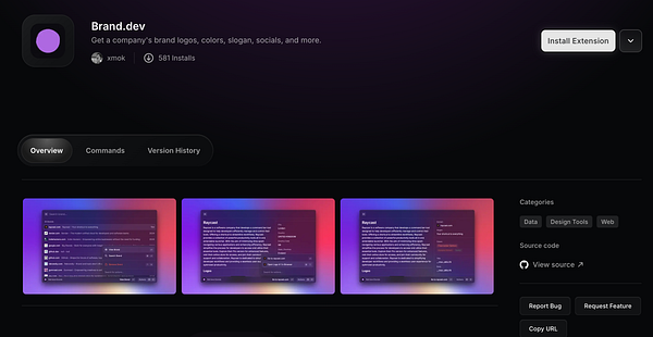 The image displays the Brand.dev extension page with an overview of its features and installation options.