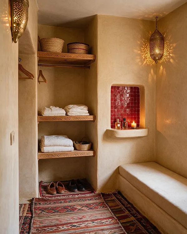 A small Moroccan-style closet with smooth beige plaster walls, carved wooden shelves, woven baskets, folded white linens, and shoes arranged on patterned rugs. A recessed niche with red tile and candles glows beside a hanging brass lantern casting decorative light, while a cushioned bench adds a calm, spa-like feel.