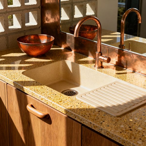 A mid-century style kitchen sink area shows a golden terrazzo countertop with an integrated beige basin and ribbed drainer. A curved copper faucet sits before a copper sheet backsplash and mirror, with a hammered copper bowl on the counter, honey-toned teak cabinets below, and a light gray breeze-block wall filtering sun, casting geometric shadows across the warm metal and stone surfaces.
