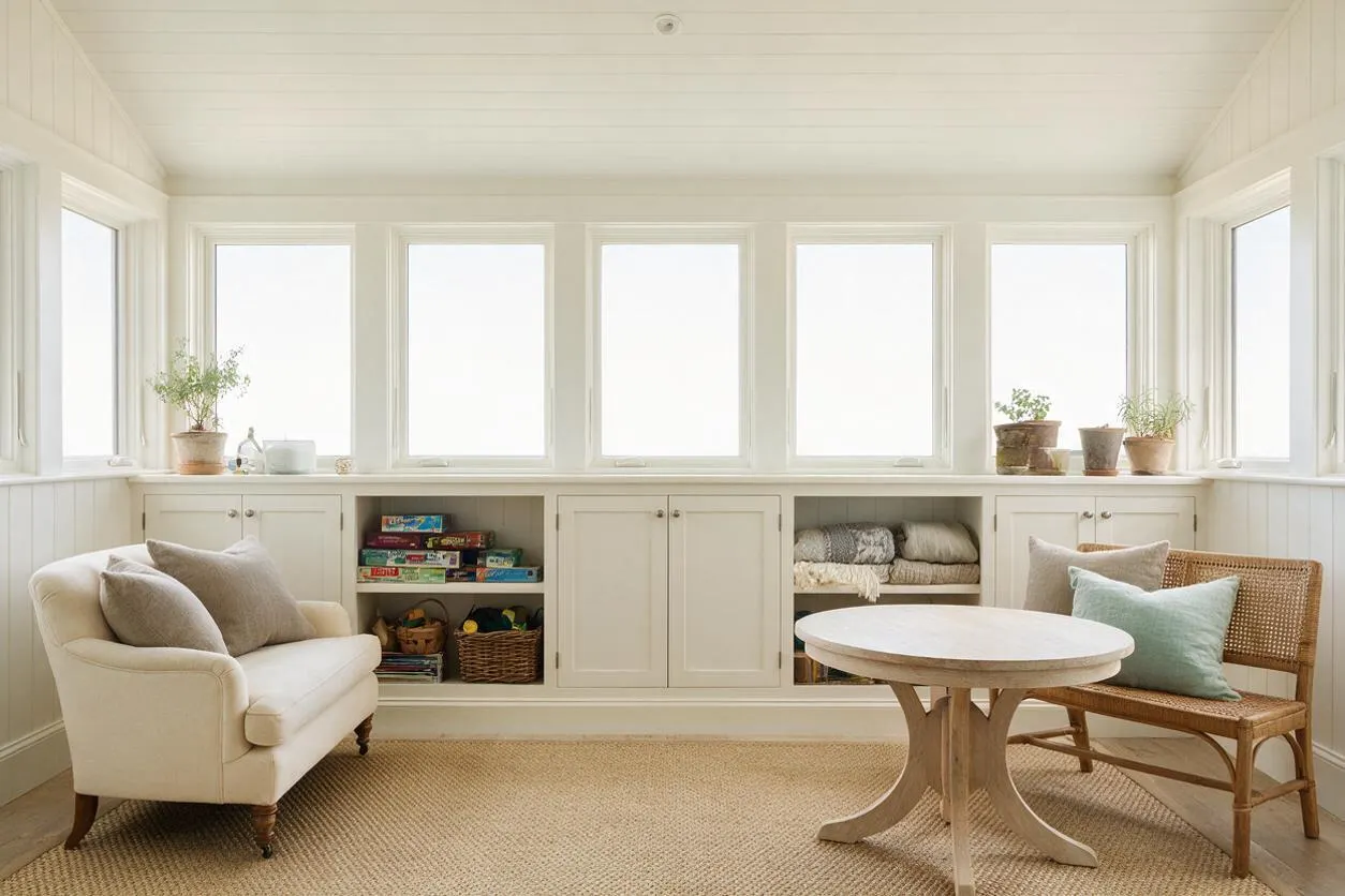 A bright coastal sunroom with white paneled walls, a row of large windows, and built-in cabinets below the windows. The room includes a cream armchair, a woven bench with pastel pillows, a round light wood table, and a textured natural rug, creating a calm and airy feel.
