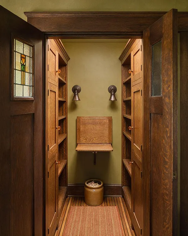 A narrow Craftsman-style closet with rich wood built-in storage on both sides, paneled doors with small stained-glass windows, and brass-toned hardware. The back wall is painted a muted olive tone and features two wall sconces, a fold-down wood bench, a small container on the floor, and a woven runner on the floorboards.